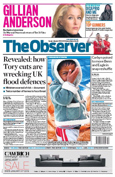 The Observer Newspaper Front Page (UK) for 3 January 2016