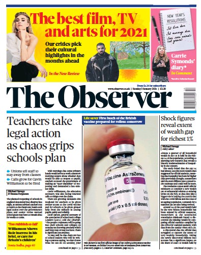 The Observer Newspaper Front Page (UK) for 3 January 2021