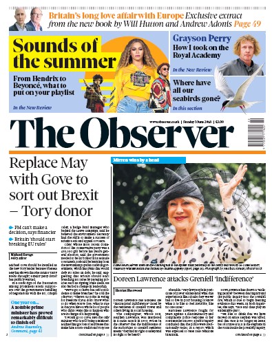 The Observer Newspaper Front Page (UK) for 3 June 2018