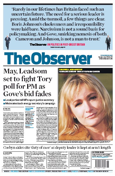 The Observer Newspaper Front Page (UK) for 3 July 2016