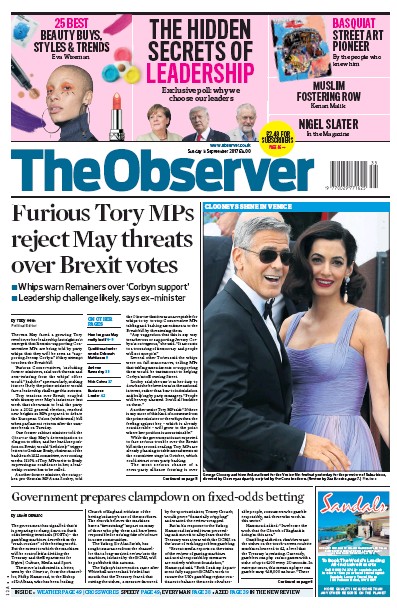 The Observer Newspaper Front Page (UK) for 3 September 2017