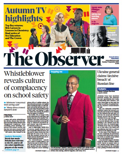 The Observer Newspaper Front Page (UK) for 3 September 2023