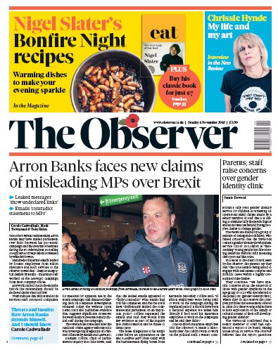 The Observer Newspaper Front Page (UK) for 4 November 2018