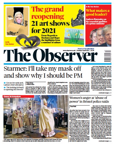 The Observer Newspaper Front Page (UK) for 4 April 2021
