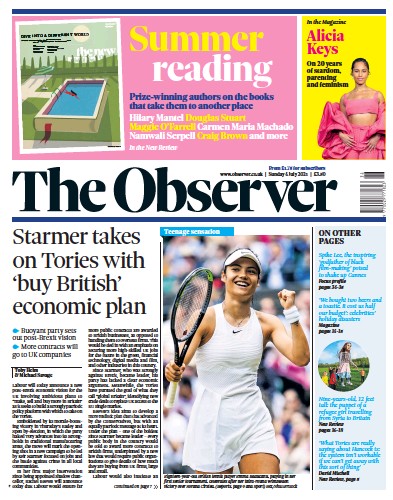The Observer Newspaper Front Page (UK) for 4 July 2021