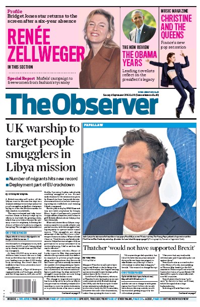 The Observer Newspaper Front Page (UK) for 4 September 2016