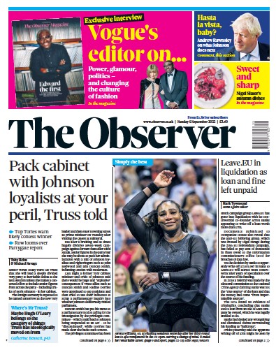 The Observer Newspaper Front Page (UK) for 4 September 2022