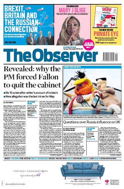 The Observer Newspaper Front Page (UK) for 5 November 2017