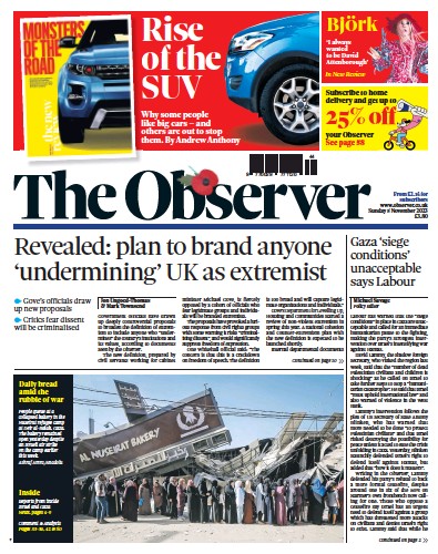 The Observer Newspaper Front Page (UK) for 5 November 2023