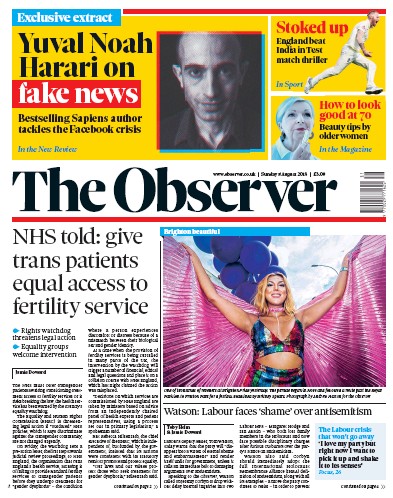 The Observer Newspaper Front Page (UK) for 5 August 2018