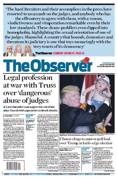 The Observer Newspaper Front Page (UK) for 6 November 2016