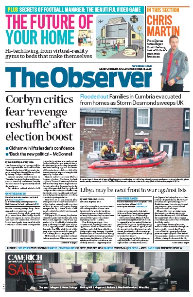The Observer Newspaper Front Page (UK) for 6 December 2015