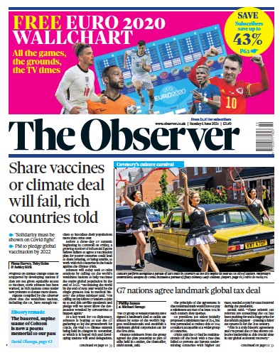 The Observer Newspaper Front Page (UK) for 6 June 2021