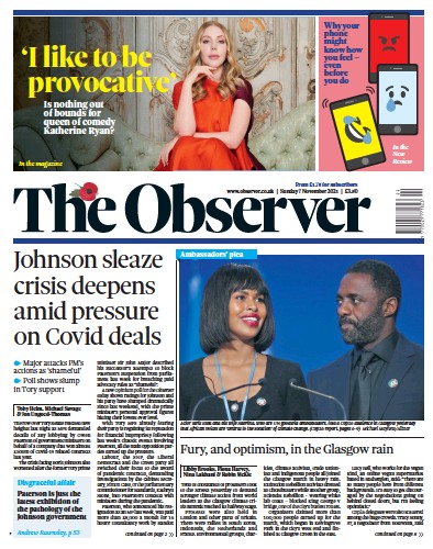 The Observer Newspaper Front Page (UK) for 7 November 2021