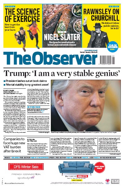 The Observer Newspaper Front Page (UK) for 7 January 2018