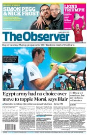 The Observer (UK) Newspaper Front Page for 7 July 2013