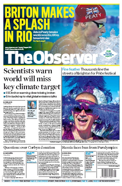 The Observer Newspaper Front Page (UK) for 7 August 2016
