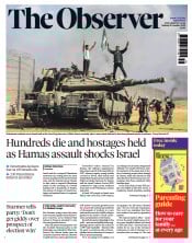The Observer front page for 8 October 2023