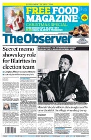 The Observer (UK) Newspaper Front Page for 8 December 2013