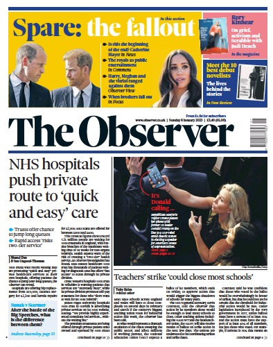 The Observer Newspaper Front Page (UK) for 8 January 2023