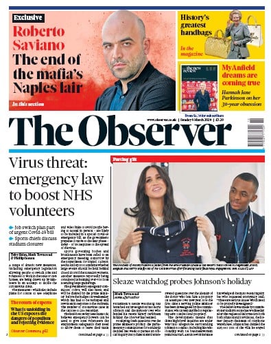 The Observer Newspaper Front Page (UK) for 8 March 2020
