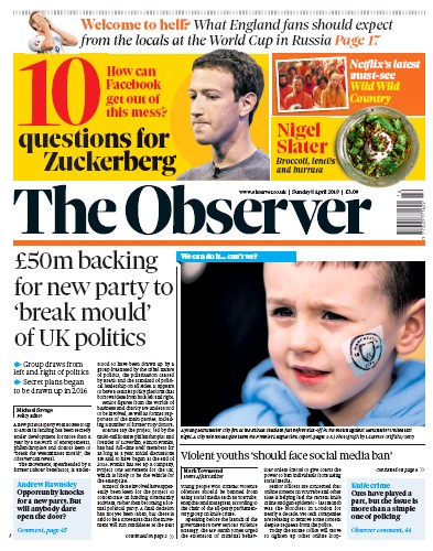 The Observer Newspaper Front Page (UK) for 8 April 2018