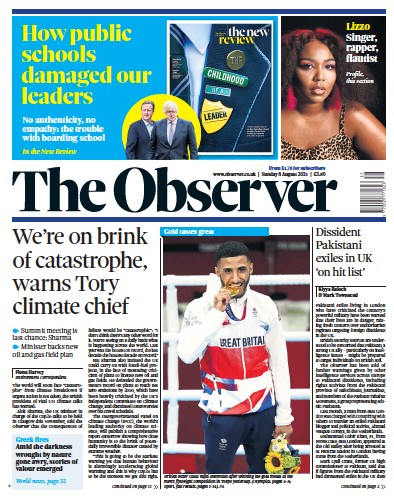 The Observer Newspaper Front Page (UK) for 8 August 2021