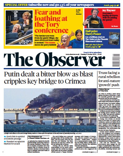 The Observer Newspaper Front Page (UK) for 9 October 2022