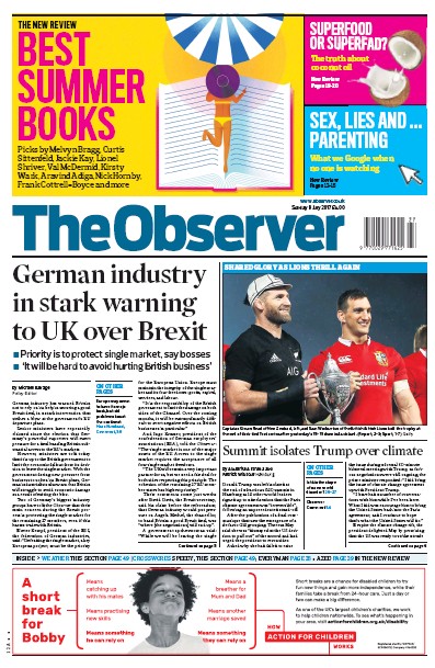 The Observer Newspaper Front Page (UK) for 9 July 2017