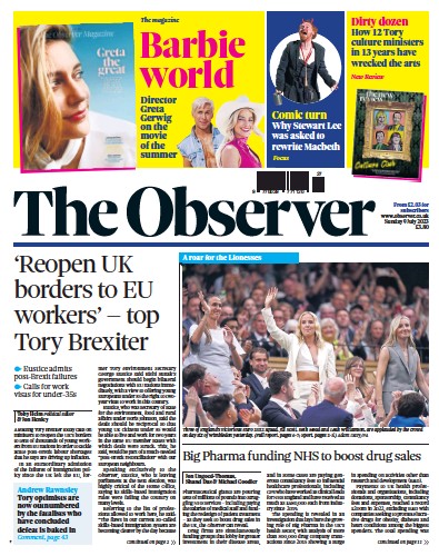 The Observer Newspaper Front Page (UK) for 9 July 2023