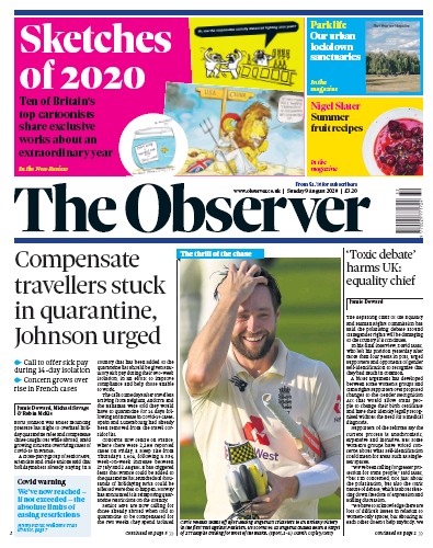 The Observer Newspaper Front Page (UK) for 9 August 2020