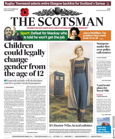 The Scotsman Newspaper Front Page (UK) for 10 November 2017