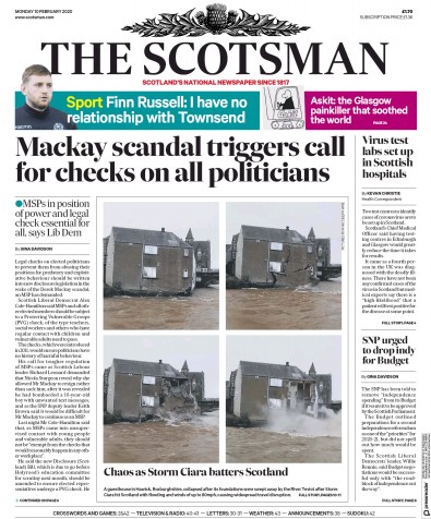 The Scotsman Newspaper Front Page (UK) for 10 February 2020