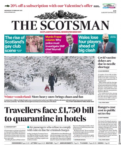 The Scotsman Newspaper Front Page (UK) for 10 February 2021