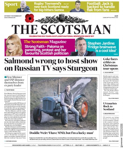 The Scotsman Newspaper Front Page (UK) for 11 November 2017