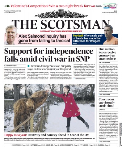 The Scotsman Newspaper Front Page (UK) for 11 February 2021