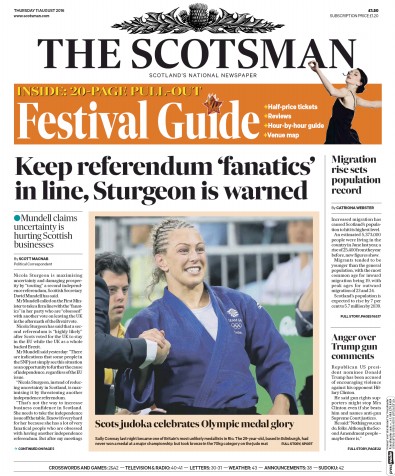 The Scotsman Newspaper Front Page (UK) for 11 August 2016