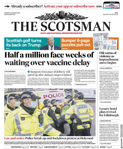 The Scotsman Newspaper Front Page (UK) for 12 January 2021