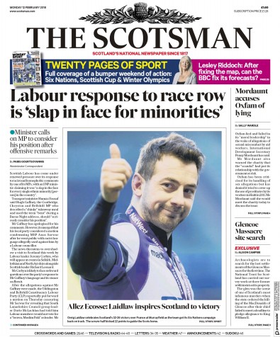 The Scotsman Newspaper Front Page (UK) for 12 February 2018