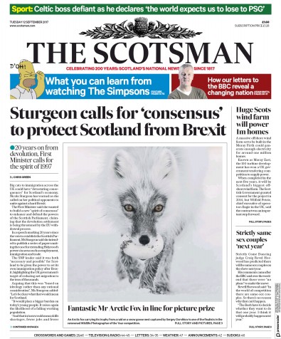 The Scotsman Newspaper Front Page (UK) for 12 September 2017