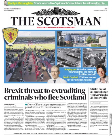 The Scotsman Newspaper Front Page (UK) for 12 September 2018