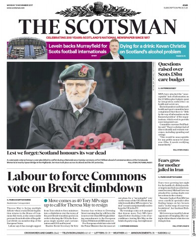 The Scotsman Newspaper Front Page (UK) for 13 November 2017