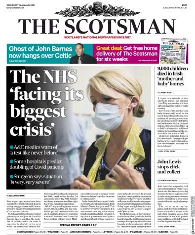 The Scotsman Newspaper Front Page (UK) for 13 January 2021