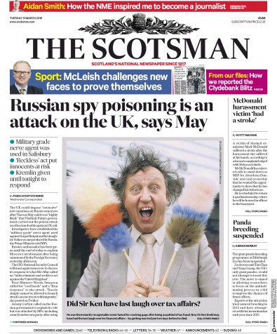 The Scotsman Newspaper Front Page (UK) for 13 March 2018