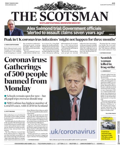 The Scotsman Newspaper Front Page (UK) for 13 March 2020