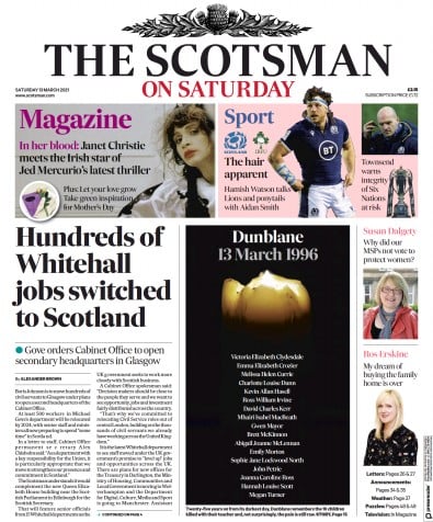 The Scotsman Newspaper Front Page (UK) for 13 March 2021