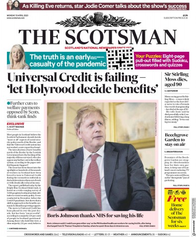 The Scotsman Newspaper Front Page (UK) for 13 April 2020