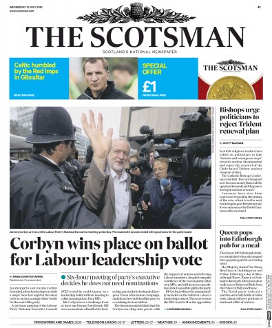 The Scotsman Newspaper Front Page (UK) for 13 July 2016