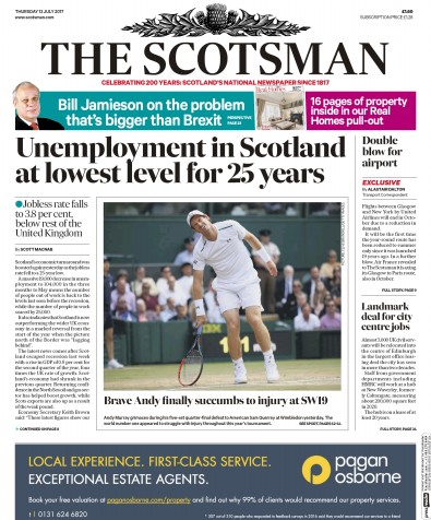 The Scotsman Newspaper Front Page (UK) for 13 July 2017