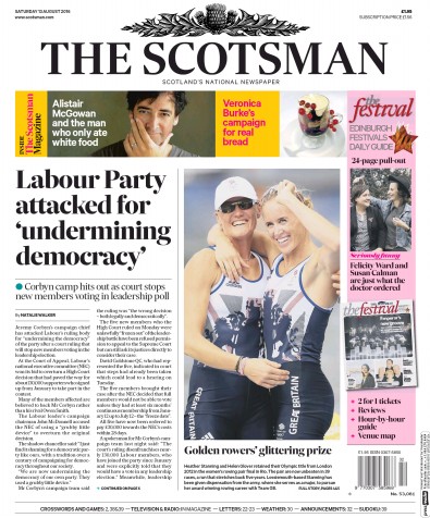 The Scotsman Newspaper Front Page (UK) for 13 August 2016